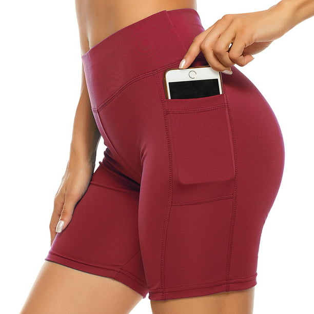 Athletic Shorts High Waist Tummy Control 4 Way Stretch Running Shorts Side Pockets Red XL